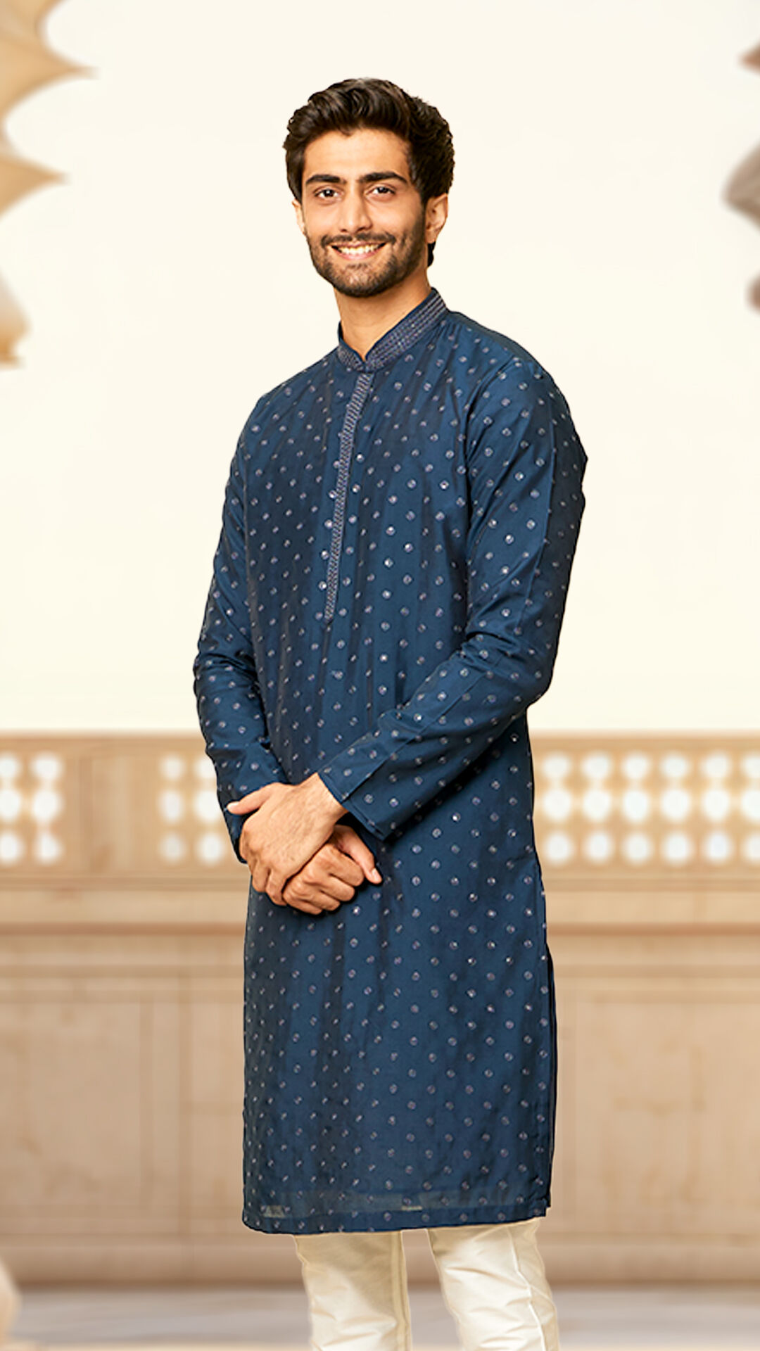 Men in blue pattern kurta pajama for upcoming wedding